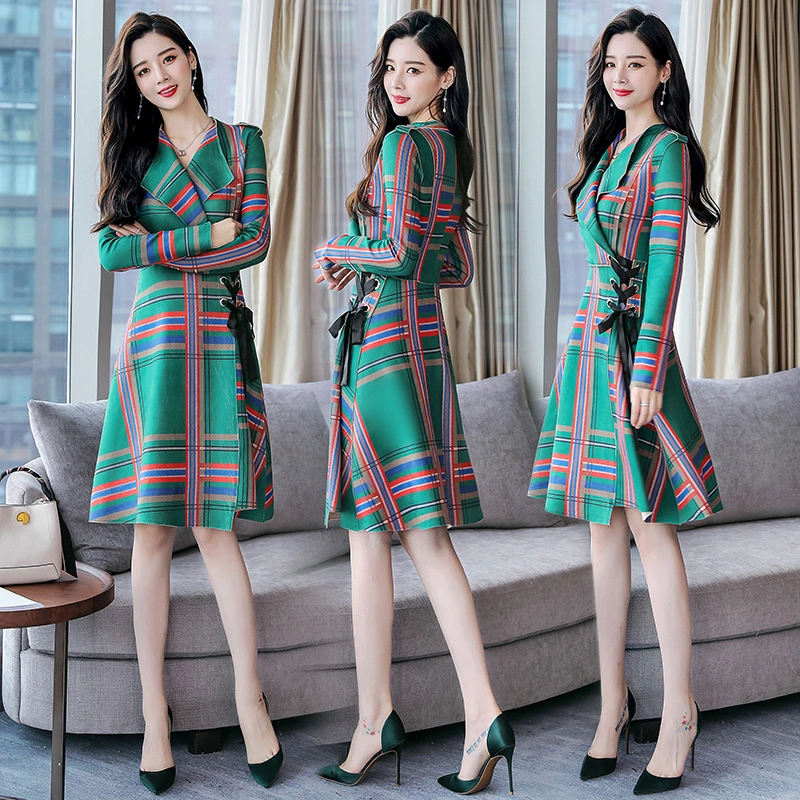Fashion trend stitching temperament Plaid cardigan mid-long V-neck long sleeve spring dress 2021