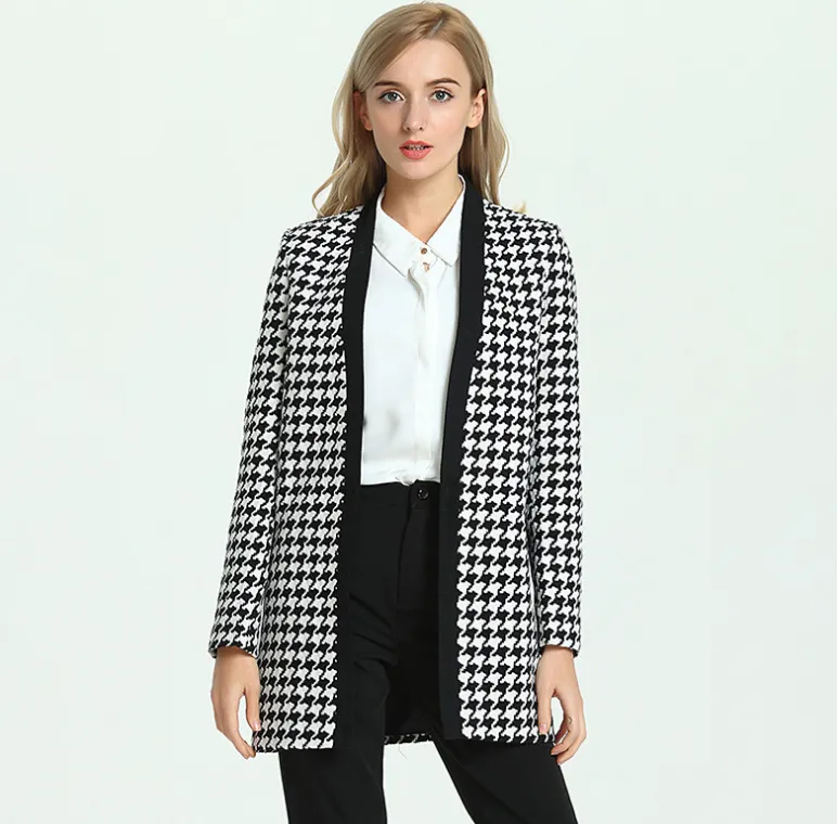 USA SIZE Double-breasted classic plaid woolen small suit check coat female