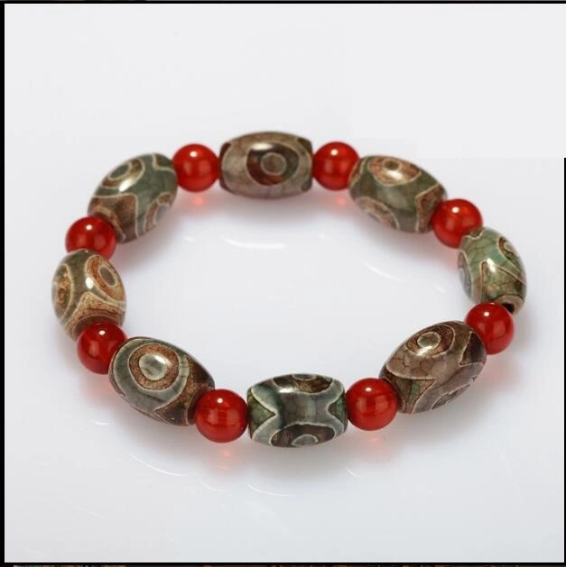 Three-eyed Dzi Bead Red Agate Beads Bracelet Nepalese National Wind Bracelet