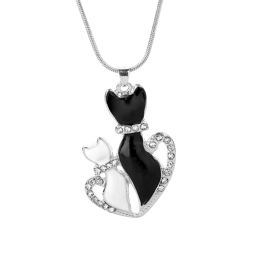 Black and White Cat Pendant Necklace with Diamonds