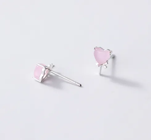Silver forest series small pink crystal love candy earrings