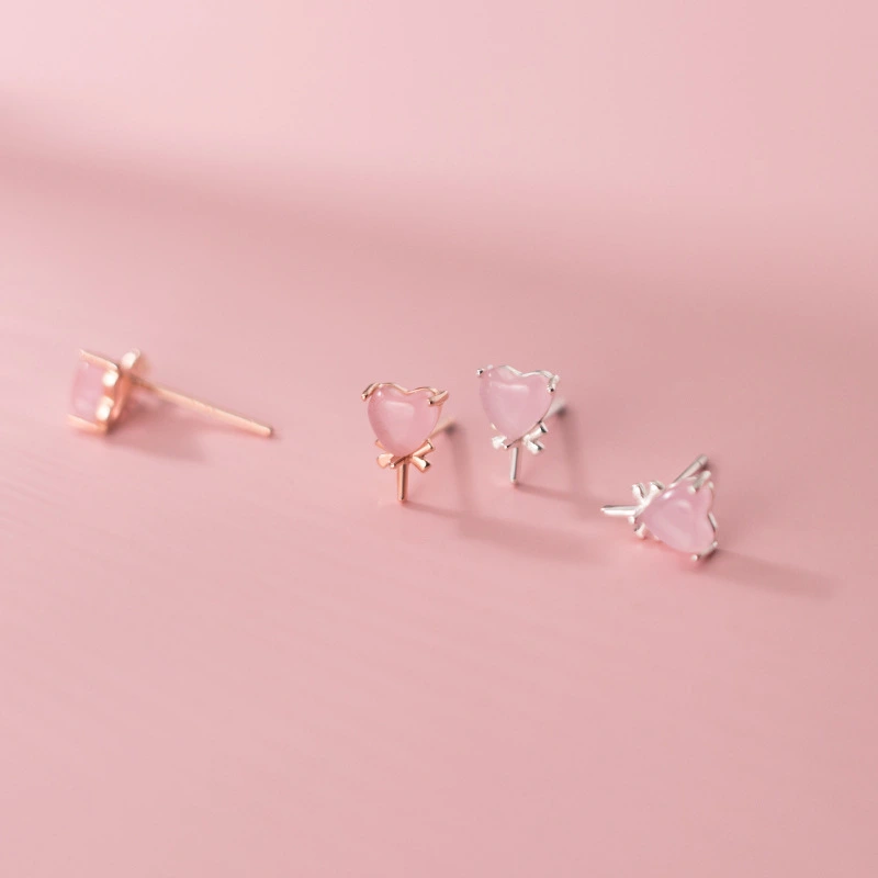 Silver forest series small pink crystal love candy earrings