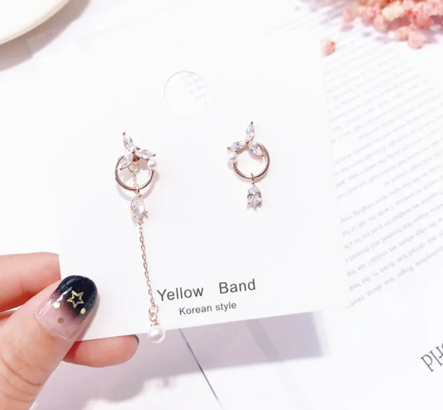 Korea Dongdaemun Jewelry 925 Silver Needle Beauty Girl Asymmetric Flower Droplet Drop Earrings