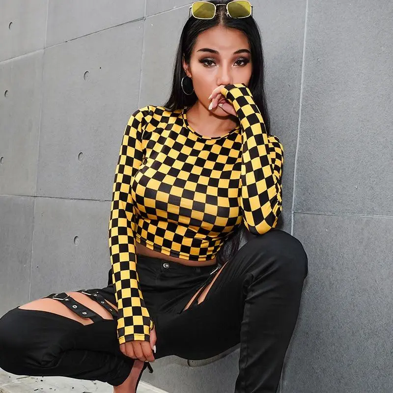 YELLOW CHECKERBOARD LONG SLEEVE TOP