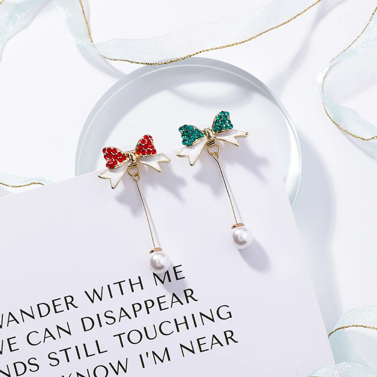 925 Silver Needle Christmas Inlay Diamond Bow Pearl Earrings