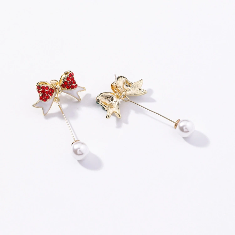 925 Silver Needle Christmas Inlay Diamond Bow Pearl Earrings