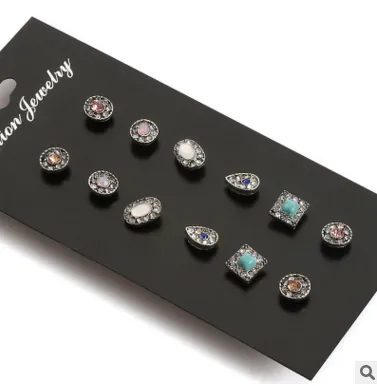 6 Pairs Set Ethnic Earrings Rhinestone  Flower Shape Stud Earring