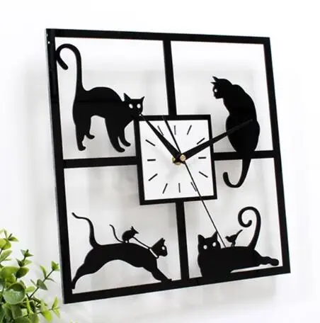 Charminer Black 3D Green Crystal Decorated Quartz Clock Living Room Black Mirror Cat Wig-On-The-Walls 28cm X 28cm