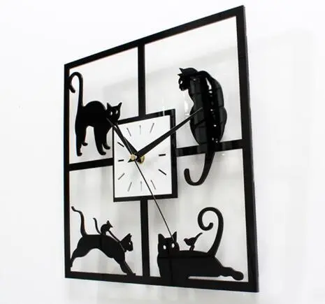 Charminer Black 3D Green Crystal Decorated Quartz Clock Living Room Black Mirror Cat Wig-On-The-Walls 28cm X 28cm