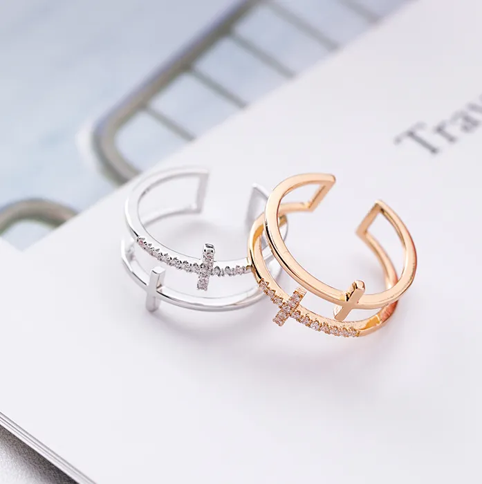 Japanese And Korean Students Personality Trend Double Cross Ring Fashion Wild Micro-set Adjustable Joint Index Ring Female