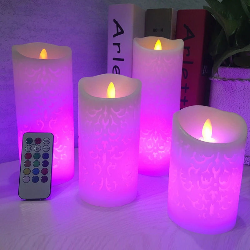 Hollow pattern swing 18 key remote control timing on yellow light colorful LED electronic candle wedding special candle
