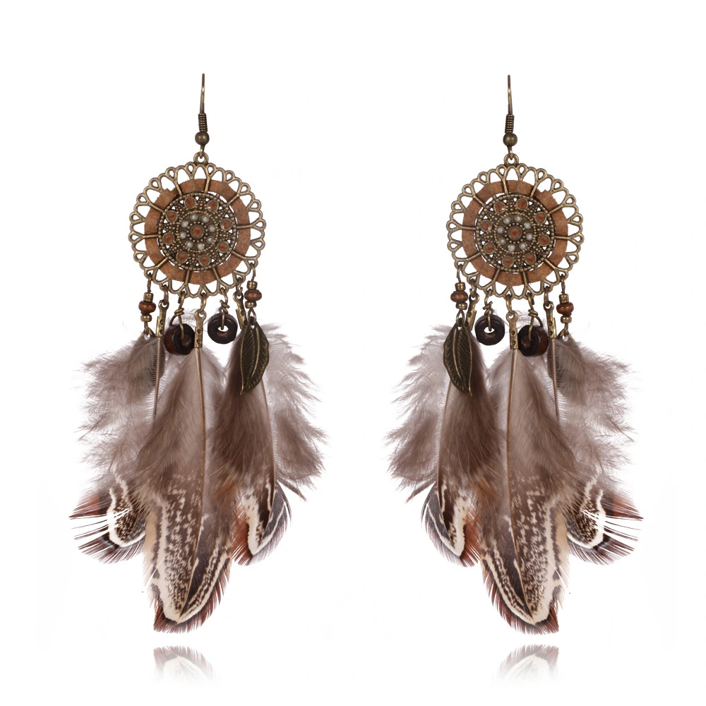 Feather Earrings Round Cutout Rope Blade Pendant Brown Feather Earrings