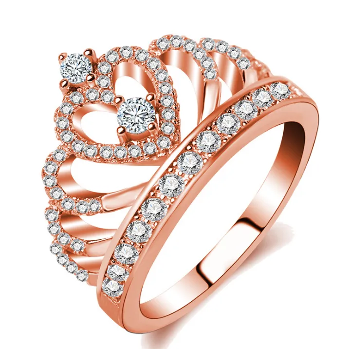 Princess Style Cubic Zirconia Hollow Heart Silver  Rose Gold Color Crown Ring Jewelry Party Engagement Wedding