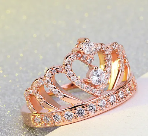 Princess Style Cubic Zirconia Hollow Heart Silver  Rose Gold Color Crown Ring Jewelry Party Engagement Wedding