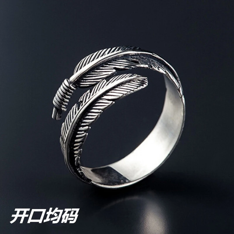 European and American fashion jewelry black retro personality ring female opening feather ring foreign trade wholesale hand jewelry