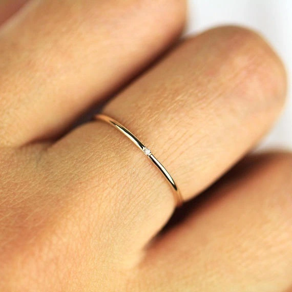 Minimalist Slim Diamond Ring 14k Pure Gold Diamond Ring 1mm Full Round Thin