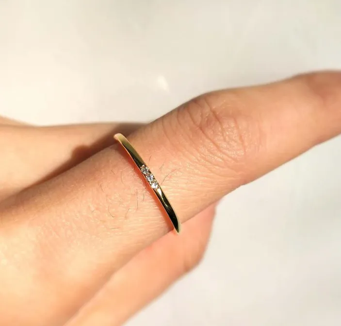 Minimalist Slim Diamond Ring 14k Pure Gold Diamond Ring 1mm Full Round Thin