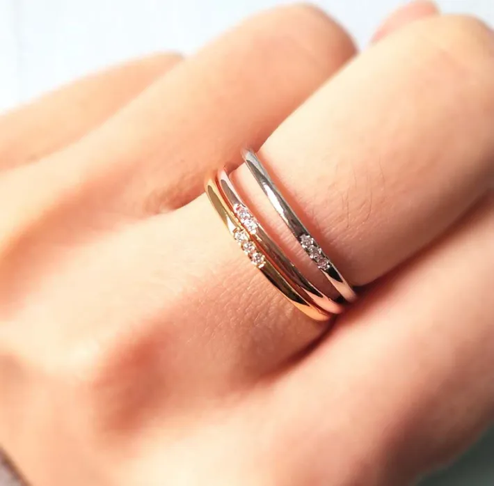 Minimalist Slim Diamond Ring 14k Pure Gold Diamond Ring 1mm Full Round Thin