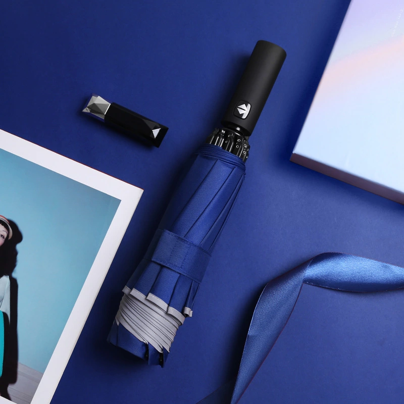 Automatic Three Fold Reverse Umbrella With Reflective LED Lamp Business Umbrella