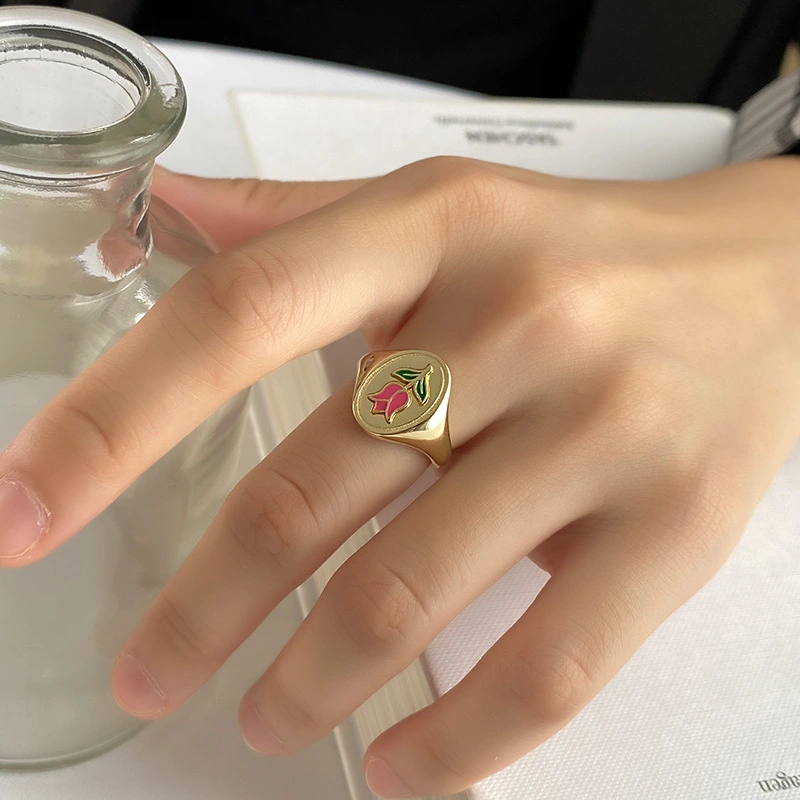 Red rose ring personality wild leaf ring