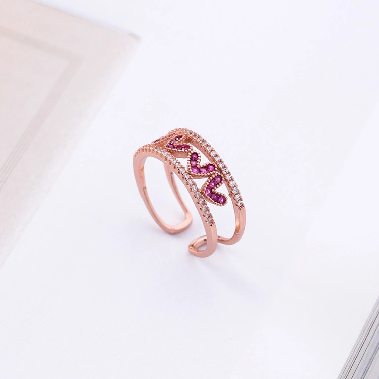 Rose red diamond hollow love opening ring wide version micro-inlaid zircon heart-shaped ring tail ring