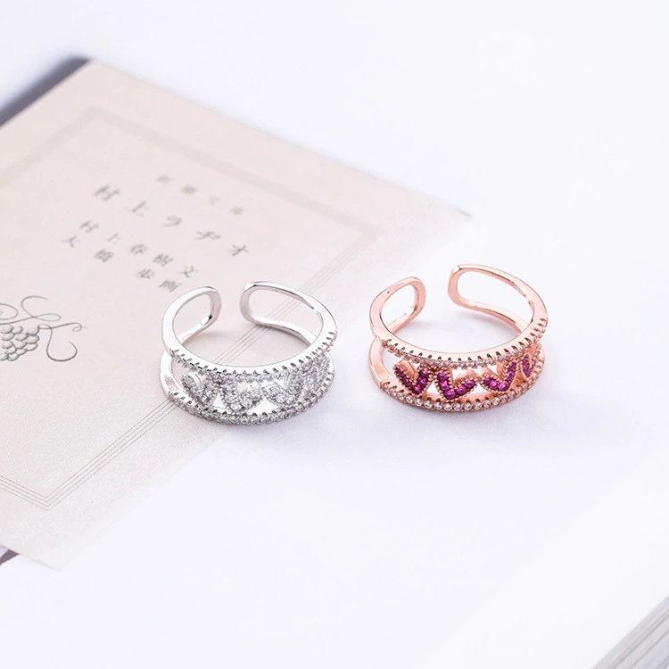 Rose red diamond hollow love opening ring wide version micro-inlaid zircon heart-shaped ring tail ring