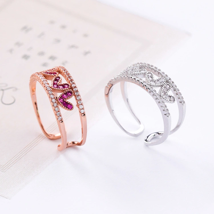 Rose red diamond hollow love opening ring wide version micro-inlaid zircon heart-shaped ring tail ring