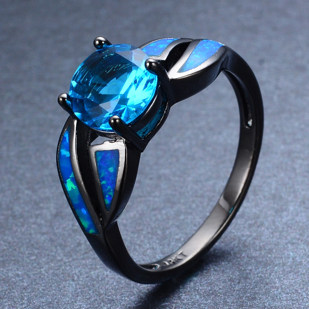 Black Gold Opal Aqua Blue Round Diamond Zircon Ring
