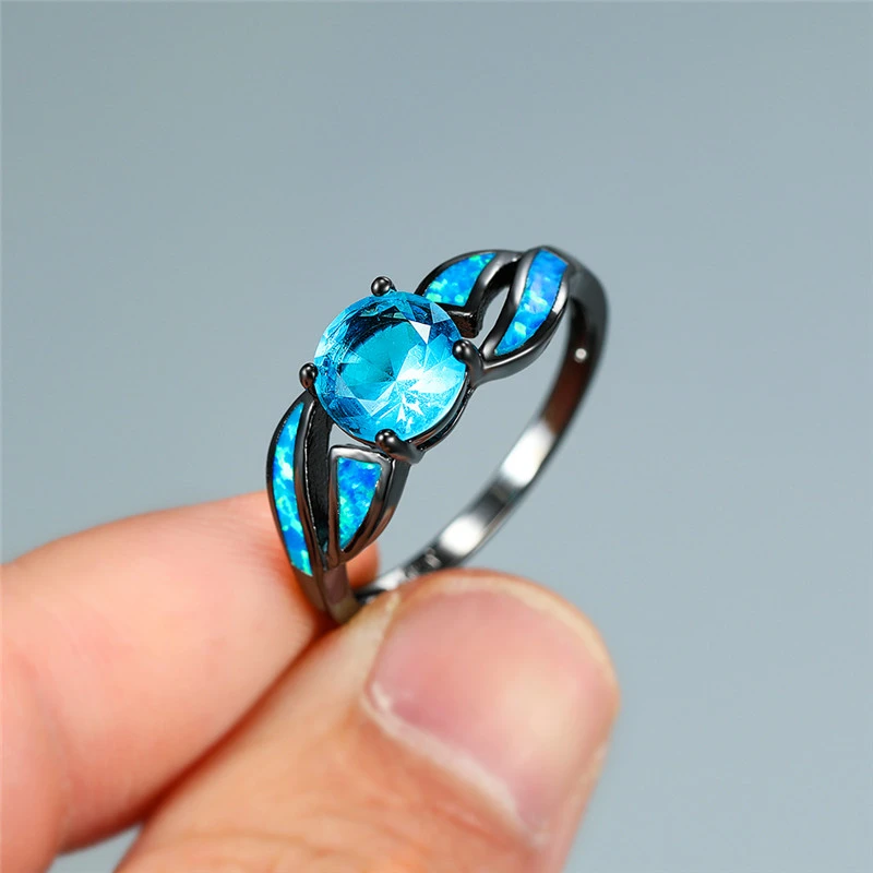 Black Gold Opal Aqua Blue Round Diamond Zircon Ring
