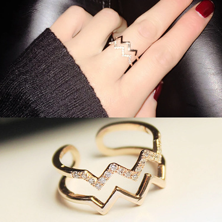 Micro Inlaid Double Layer Ring Women Crystal Curve Wave Knuckle Ring