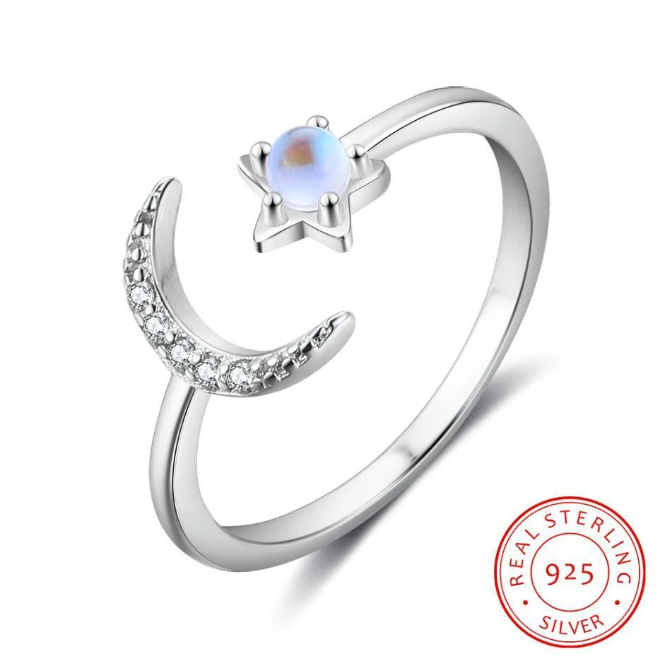 New Sterling Silver Fashion Diamond Moon and Moonstone Star Opening Adjustable Ring