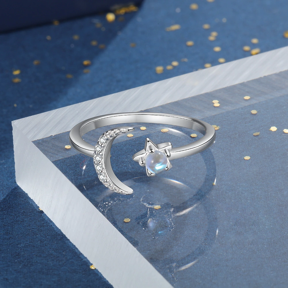 New Sterling Silver Fashion Diamond Moon and Moonstone Star Opening Adjustable Ring