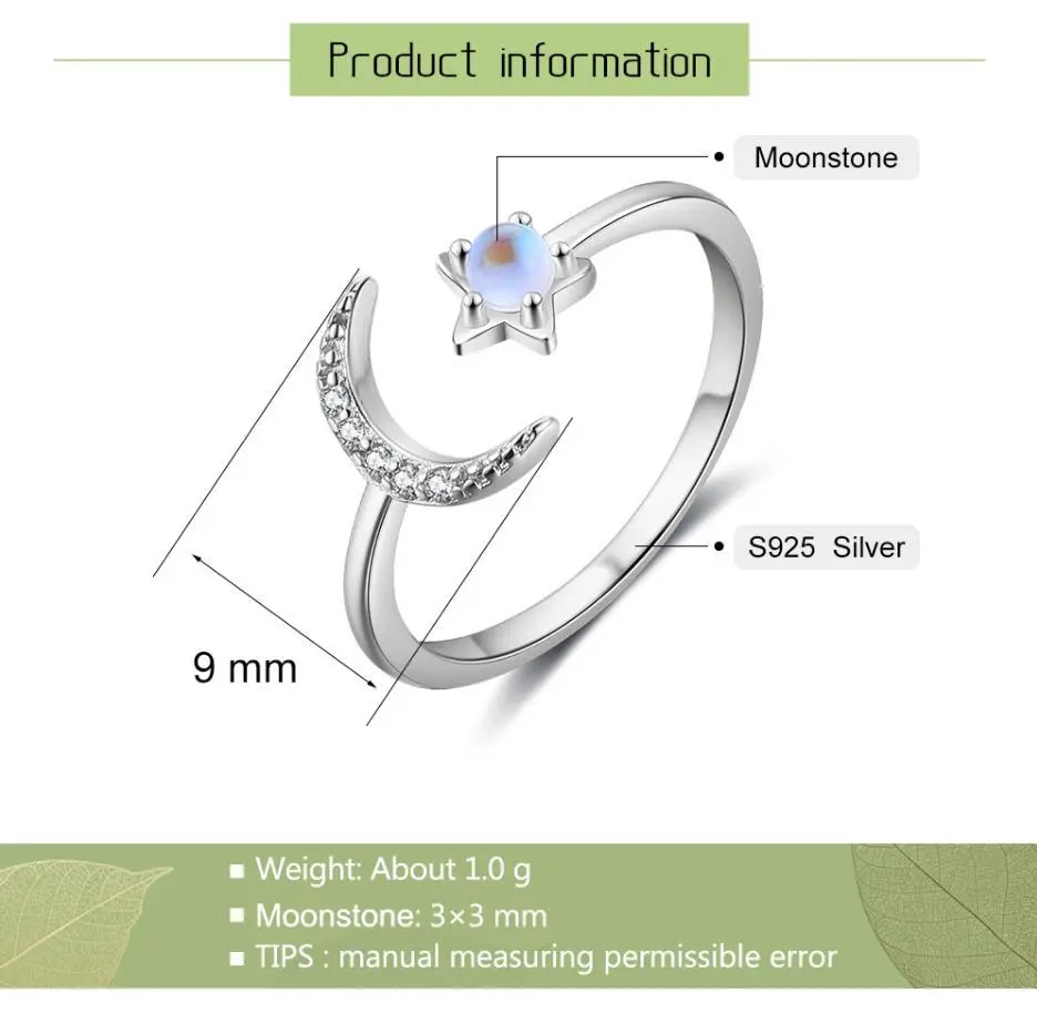 New Sterling Silver Fashion Diamond Moon and Moonstone Star Opening Adjustable Ring
