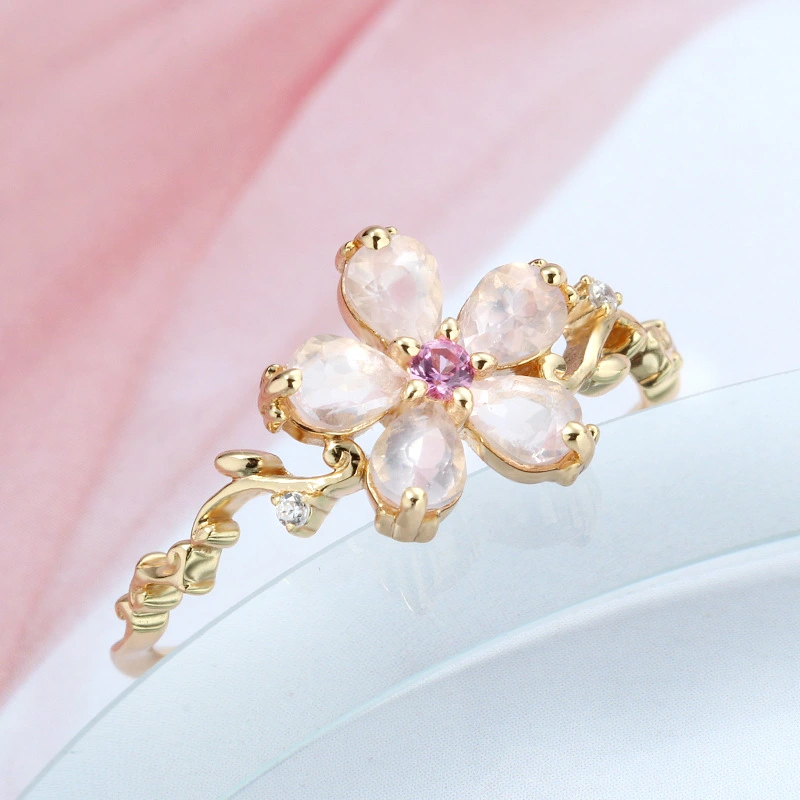 New S925 Sterling Silver Gold Plated Pink Crystal Flower Ring