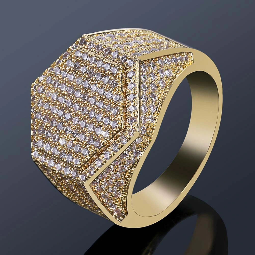 Personality Men's Hexagonal Gold Ring with Micro Zircon