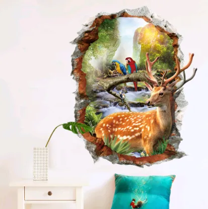 Three-dimensional 3D wall stickers, hole painting, landscape, deer, stickers, self-adhesive bedroom, sofa, wall