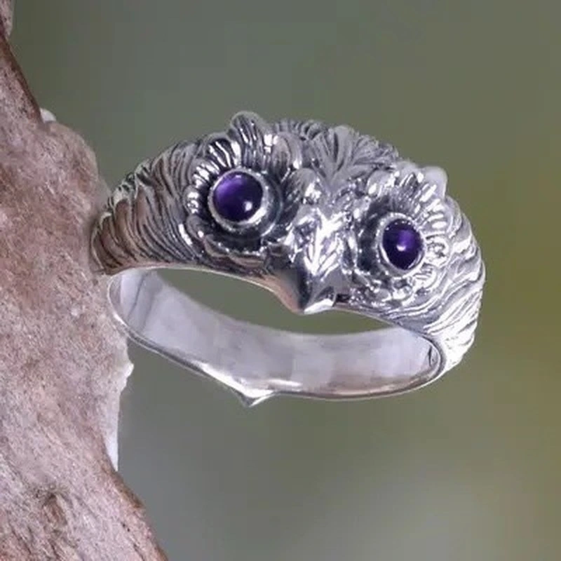 Retro Fashion Cute Purple Eyes Owl Ring