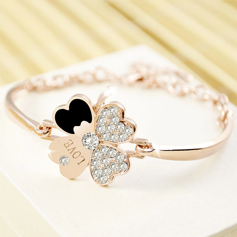 Versatile Rose Gold Four Leaf Clover Bracelet Women''s Crystal Korean Multi Layer Fashion Girl Student Fresh And Simple Forest Department