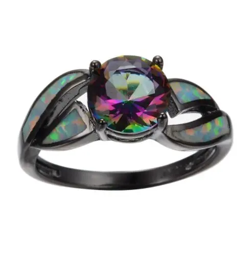 White fire opal ring charm jewelry colorful rainbow sappjire men women black gold engagement ring jewelry with women