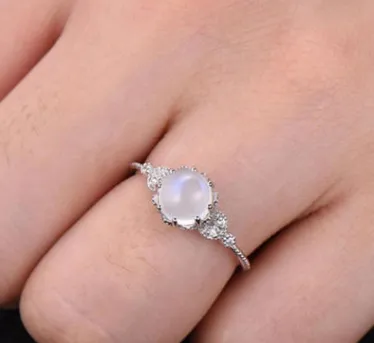 Moonstone Diamond Ring Rose Gold White Opal Engagement Ring