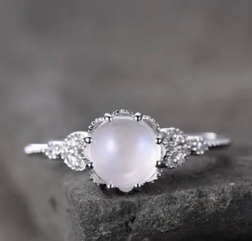 Moonstone Diamond Ring Rose Gold White Opal Engagement Ring