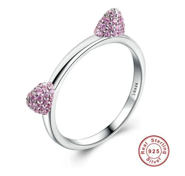 Inlaid  Crystal Cute Cat Ears S925 Sterling Silver Rin