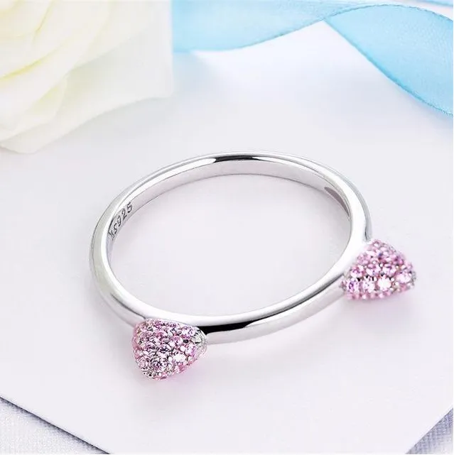Inlaid  Crystal Cute Cat Ears S925 Sterling Silver Rin