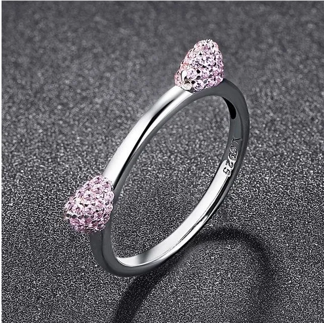 Inlaid  Crystal Cute Cat Ears S925 Sterling Silver Rin