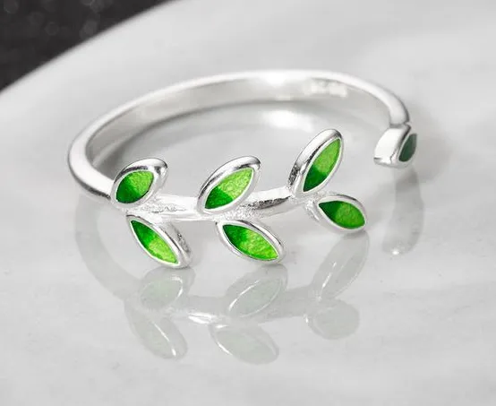 S925 sterling silver green leaves drop oil index finger ring female atmosphere Sen system opening handmade creative gift silver ring