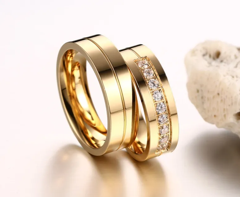 Simple titanium steel couple ring ring Electroplated gold ring diamond jewelry