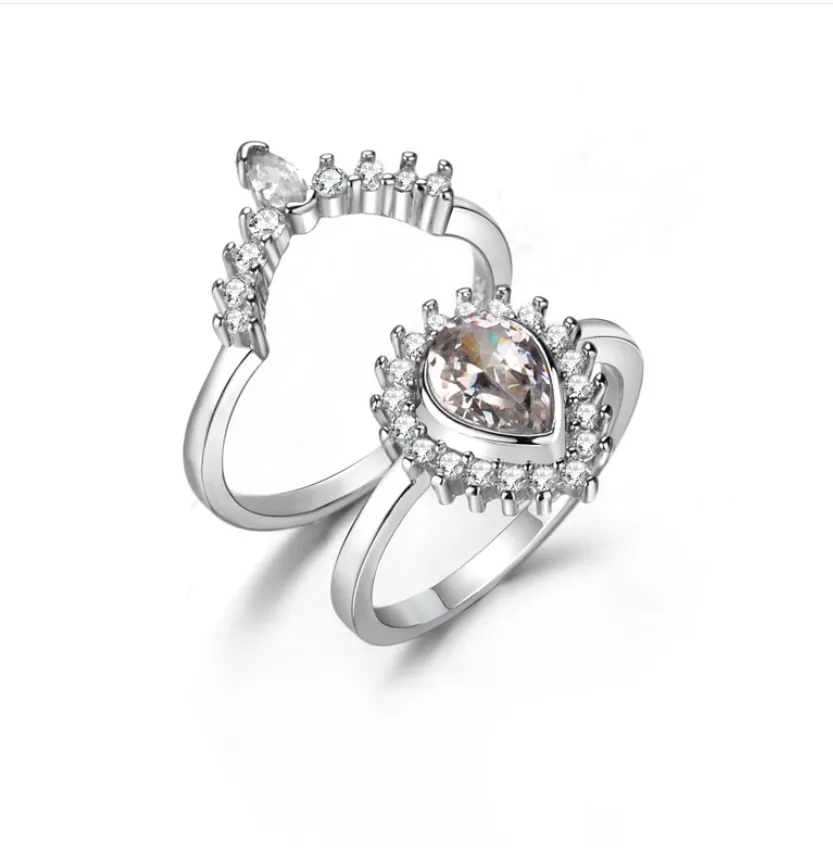 Wish new day does not fall water drop pear shape simulation diamond set ring European beauty crown engagement ring