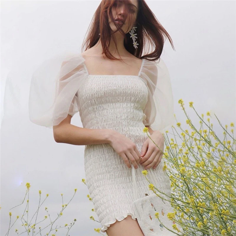 Mesh square collar wooden ear bag hip dress