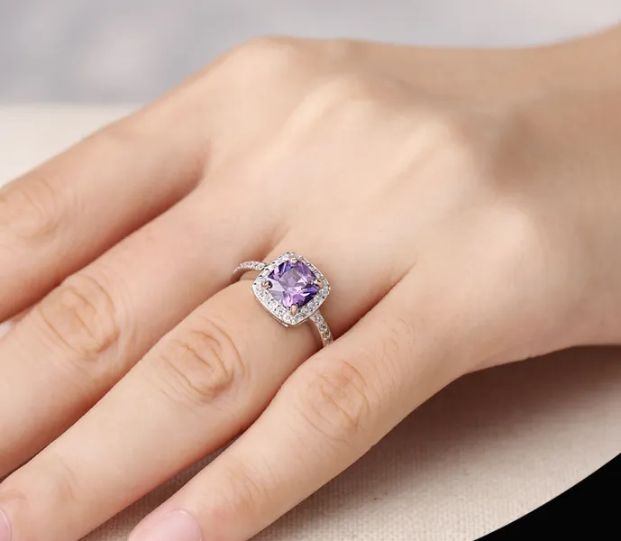 925 Sterling Silver Girl Korean Temperament Diamond Amethyst Ring Tail Ring
