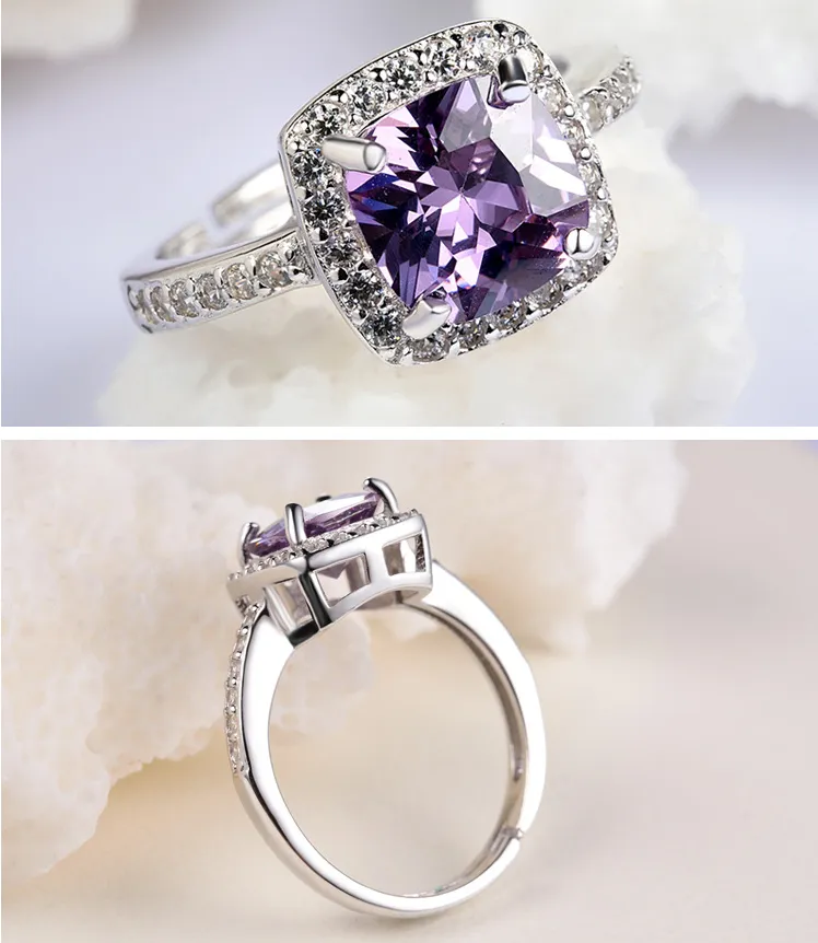 925 Sterling Silver Girl Korean Temperament Diamond Amethyst Ring Tail Ring